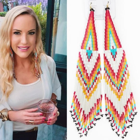 High Heels on the High Road Jewelry - White Red Orange Turquoise Native American Tribal Boho Bead 8" Shoulder Earrings
